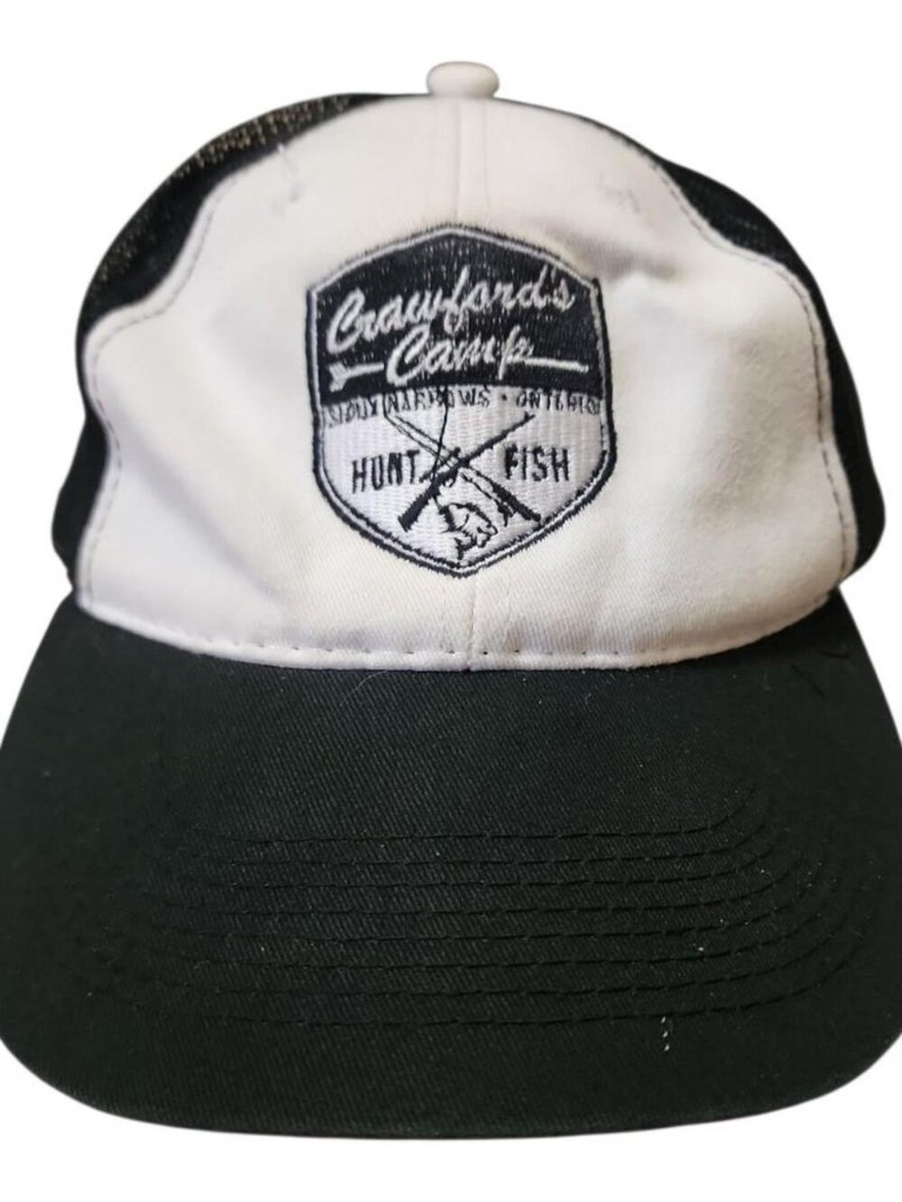 Black and white Crawford's Camp Hunting & Fishing Resort hat